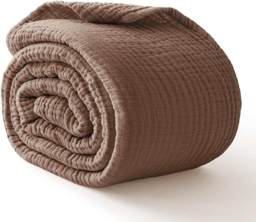 100% Cotton Muslin Blanket Queen 90" x 90", Breathable and Lightweight Cotton Throw Blankets for Bed, Soft Cooling Summer Gauze Blanket for Adults All Season, Tan