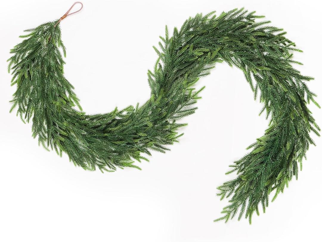 9FT Norfolk Pine Garland, Real Touch Artificial Long Greenery Christmas Garlands for Table, Mantle, Wall, Stairs, Fireplace, Indoor & Outdoor Xmas Holiday Decorations (1 Pcs)