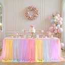 6 Pack 8ft Rainbow Tulle Tablecloths for Rectangle Tables, 8 Foot Rainbow Rectangular Table Cloth Wrinkle Free Tablecover with Tutu Skirt for Baby Shower Girls Birthday Party Banquet Buffet Cake