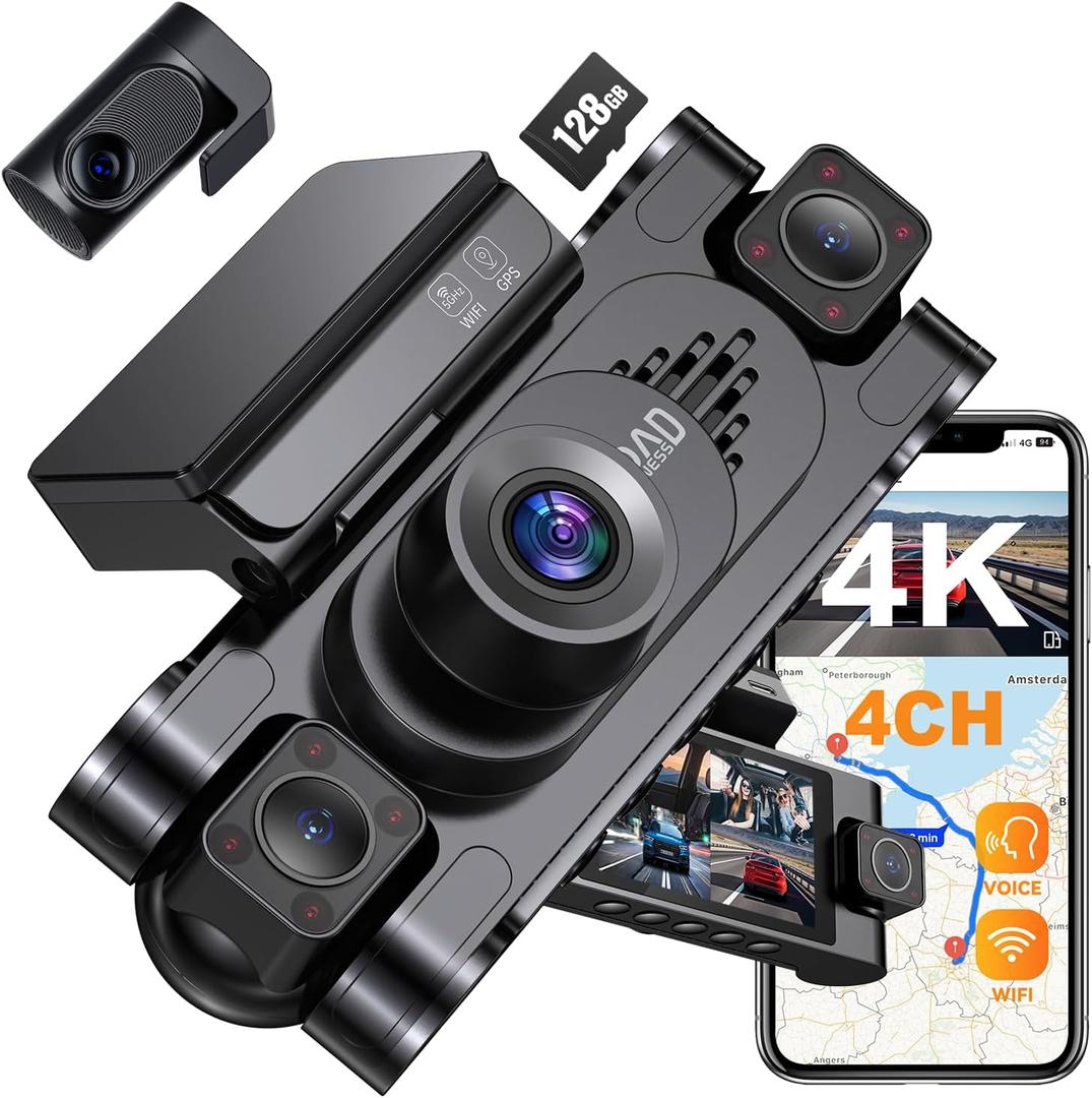 4K 360 DashCam for Cars,4 Channel Car Dash Cam Front and Rear Inside with 128GB Card Included,Voice Control,5.8G WiFi GPS,IR Night Vision, G Sensor, 24/7 Parking Mode &Loop Recording Dash Camera (black)