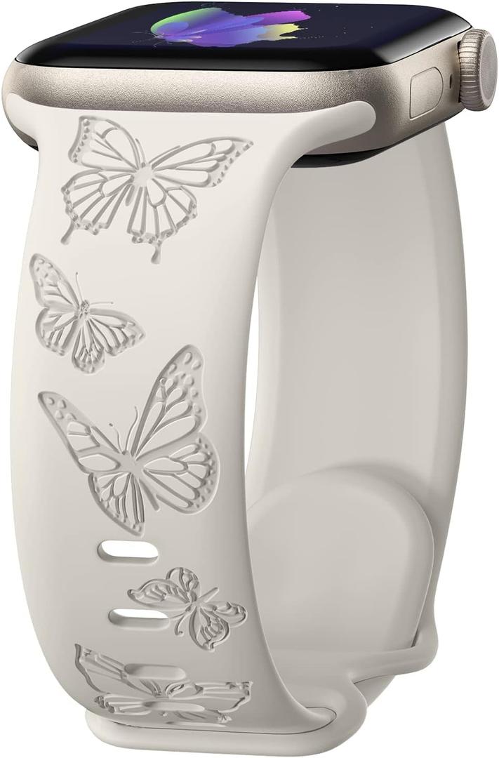 Butterfly Engraved Bands Compatible with Apple Watch Band 41mm 40mm 38mm 49mm 46mm 49mm 46mm 45mm 44mm 42mm Women, Silicone Sport Strap for iWatch Series SE 10 9 8 7 6 5 4 3 2 1 SE Ultra (Starlight)