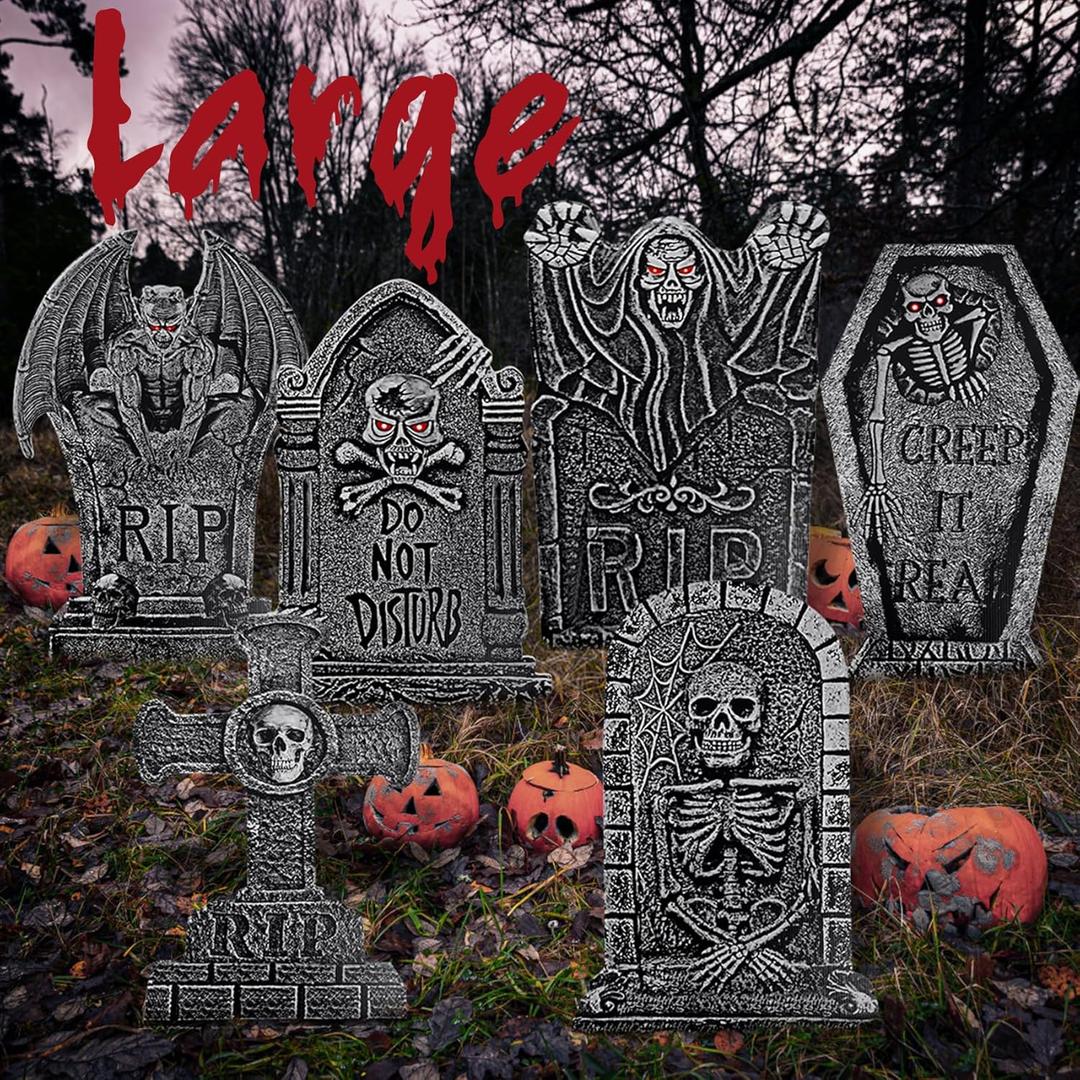24'' Tombstones For Graves Halloween Decorations Outdoor, 6 Pack Extra Large Scary Tombstones Halloween Graveyard Decorations Indoor Rip Waterproof Yard Sign Outside For Cemetery Yard Lawn Party Decor (Dark Grey)