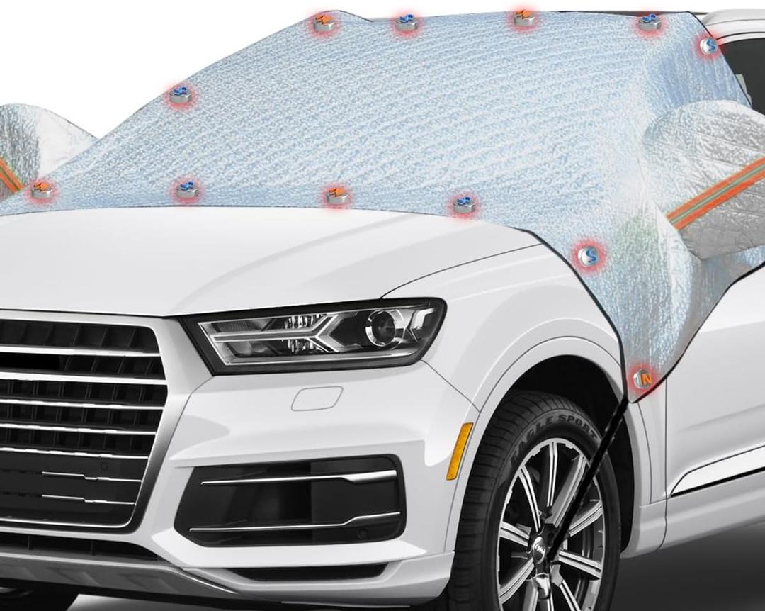 Car Windshield Snow Cover, Waterproof Car Windshield Frost Cover with Side Mirrors Protector, Windproof Winter Cover for Ice and Snow with Magnetic Edge for Car, SUV, RV and Truck (56.29 × 64.17 inches)