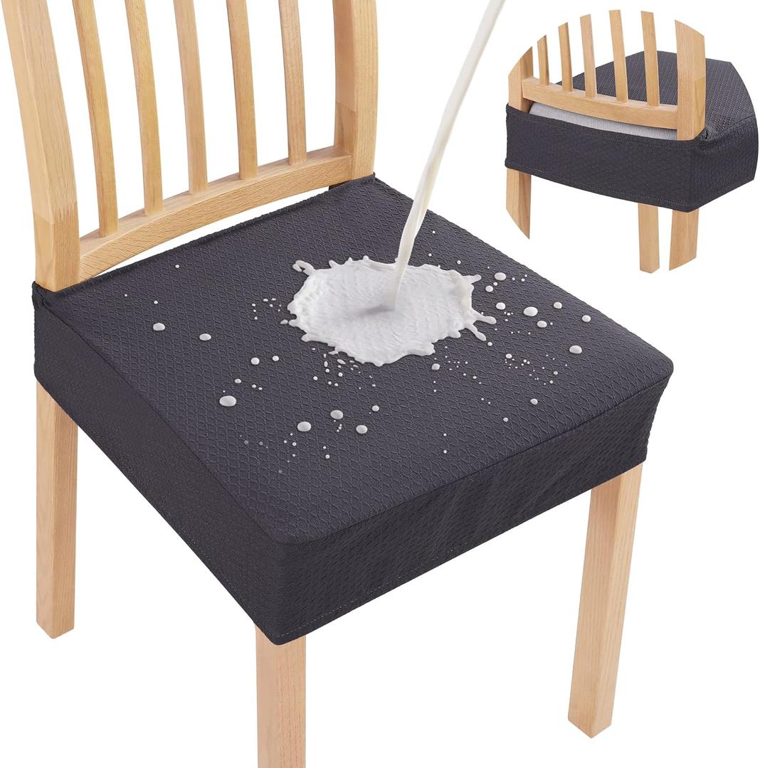 Smiry Waterproof Seat Covers for Dining Room Chairs Set of 4, Stretch Jacquard Removable Washable Chair Seat Slipcovers Protector, No Rear Covers, Dark Grey, 19"D x 19"W x 4"H