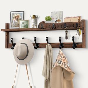 Coat Rack Wall Mount with Shelf, 27.5" Entryway Wall Hanging Shelf, Coat and Key Hanger with 10 Dual Hooks, Mail Organizer and Key Holder Hat Rack for Wall, Wood Coat Hooks with Storage (Brown)