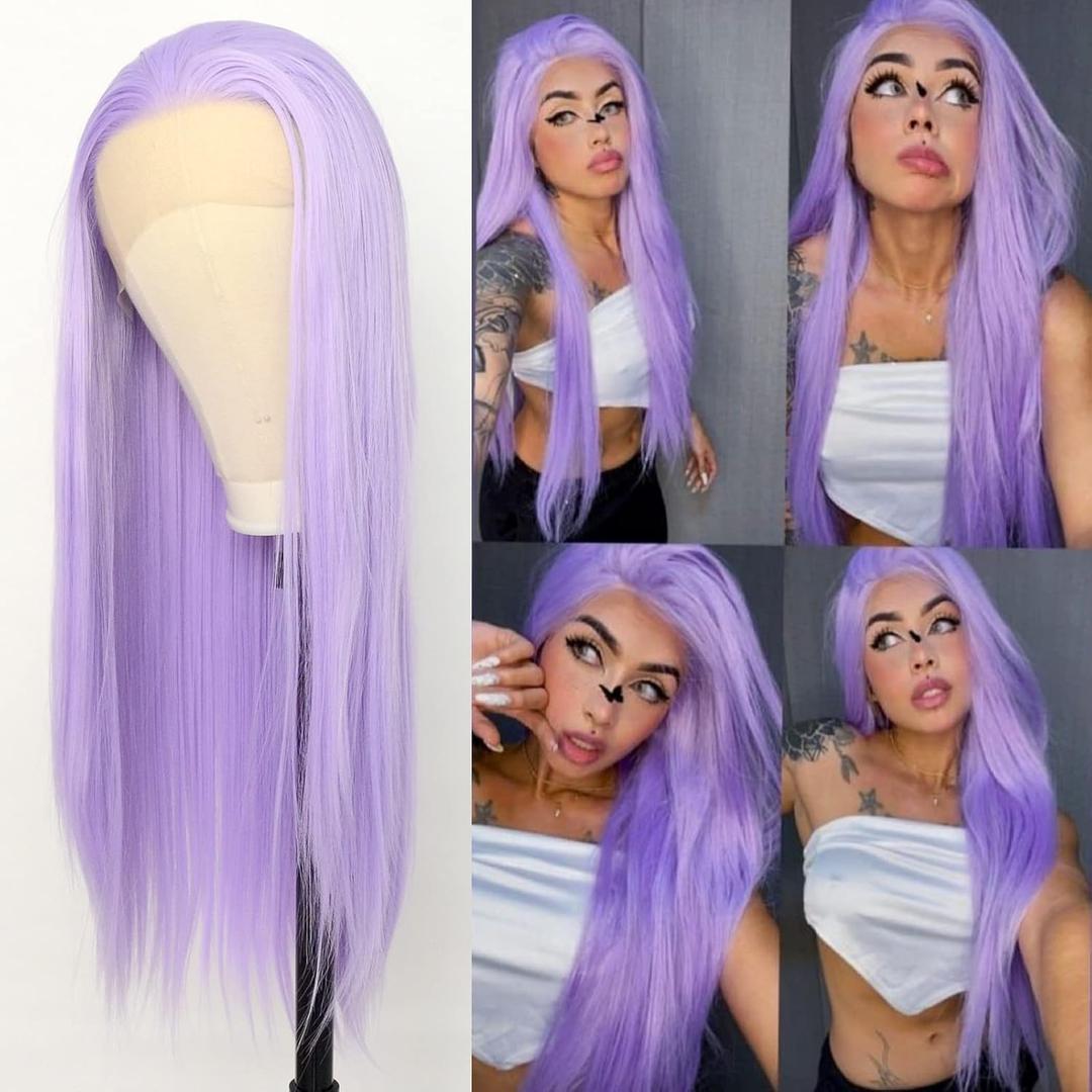 Luwigs Lavender Purple Lace Front Wigs Straight Synthetic Heat Resistant Replacement Wigs Light Pruple High Temperature Fiber Hair Cosplay Daily Wear (22 Inch, Purple,Straight)