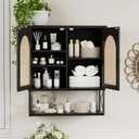 Rattan Bathroom Wall Cabinet, Boho Medicine Wall Cabinet with Double Doors and Adjustable Shelves, Tall Kitchen Wall Mounted Storage Cabinet, Floating Space Saver Over Toilet, Black, 10"D 23.62"W 26.77"H