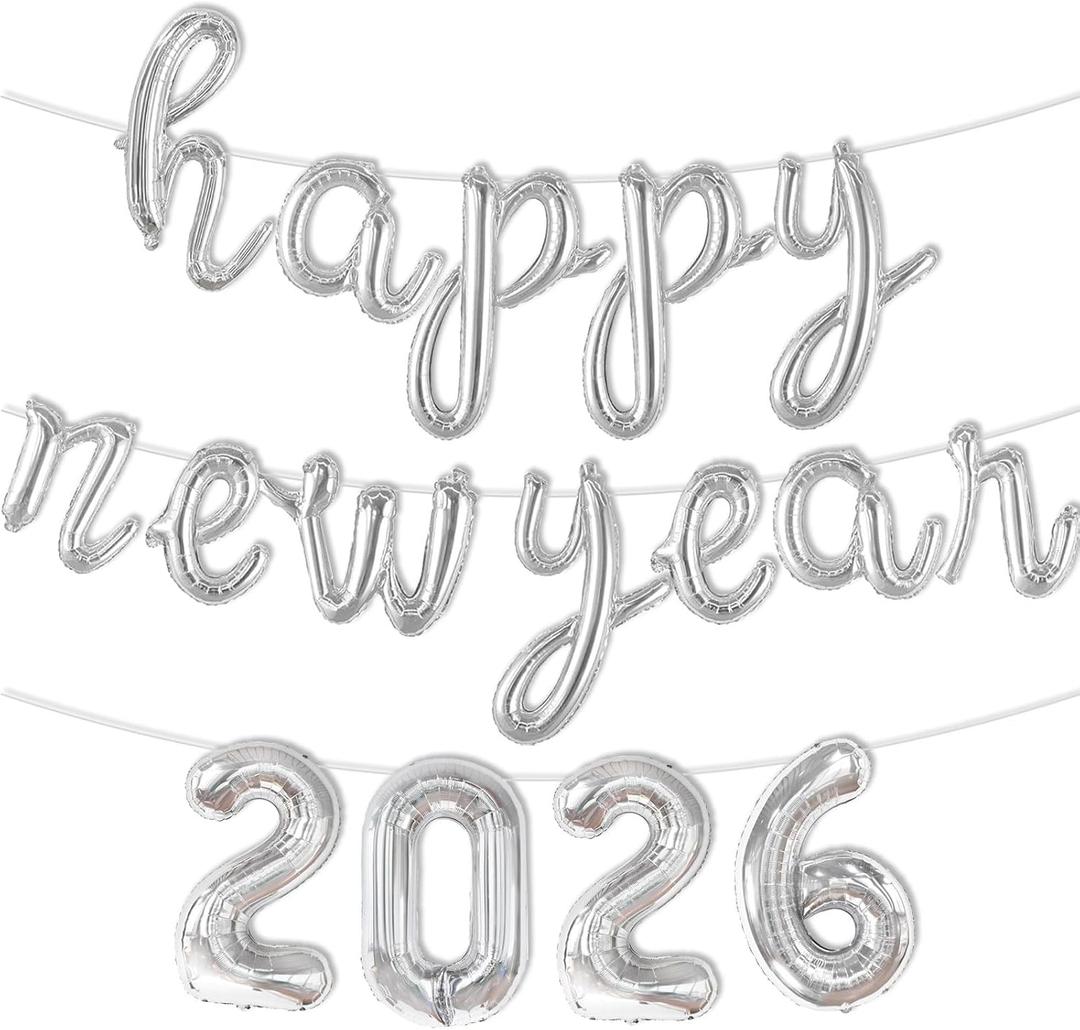2026 New Years Balloons - 16 Inch Script Happy New Year Balloons - Silver Foil 2026 Balloon for 2026 New Years Eve Party Supplies - Happy New Year Decorations 2026