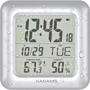 KADAMS Bathroom Clock 9.5" Kitchen Wall Clock with Large LCD Screen  Shower Clock with Suction Cup,Temperature, Humidity, Calendar  Water-Resistant, 4 Mounting Options, Silver