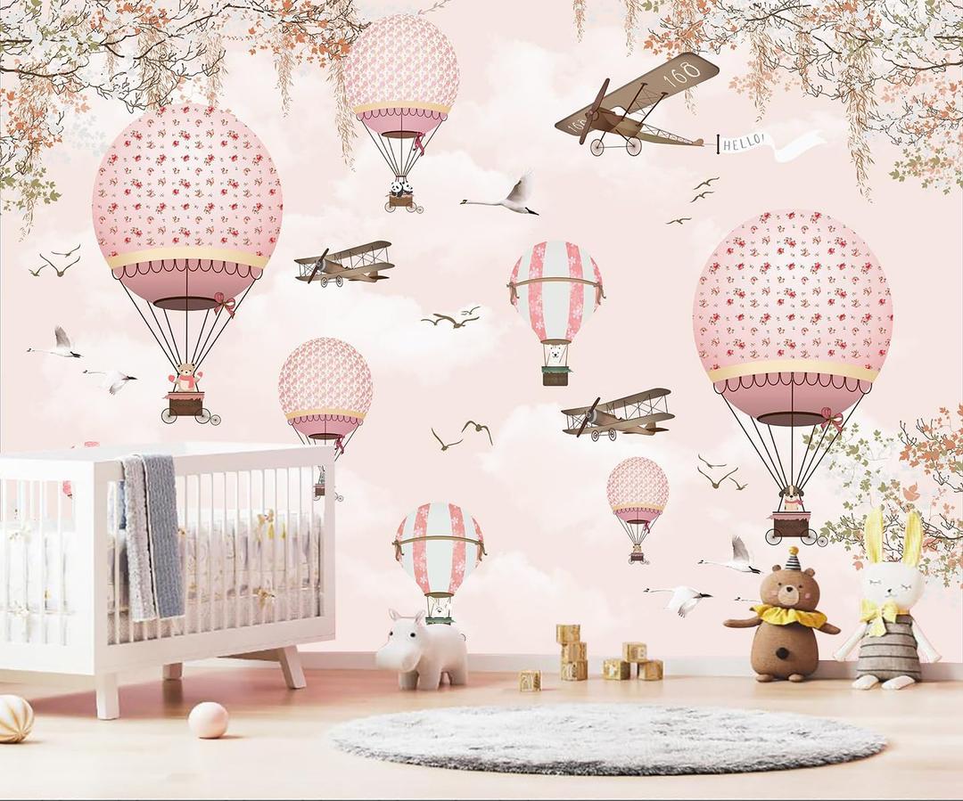 Pink Hot Air Balloon Kids Wallpaper Mural for Nursery Girls Bedroom