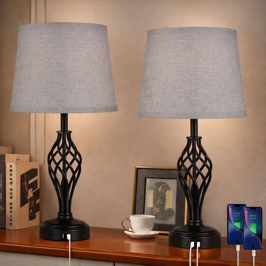 Touch Table Lamps Set of 2, nightstand lamp with USB Ports Bedside 3 Way Touch dimmer Desk lamp for Living Room Bedroom,Black Painted Spiral cage Base Design Warm White dimmer Bulbs Included.