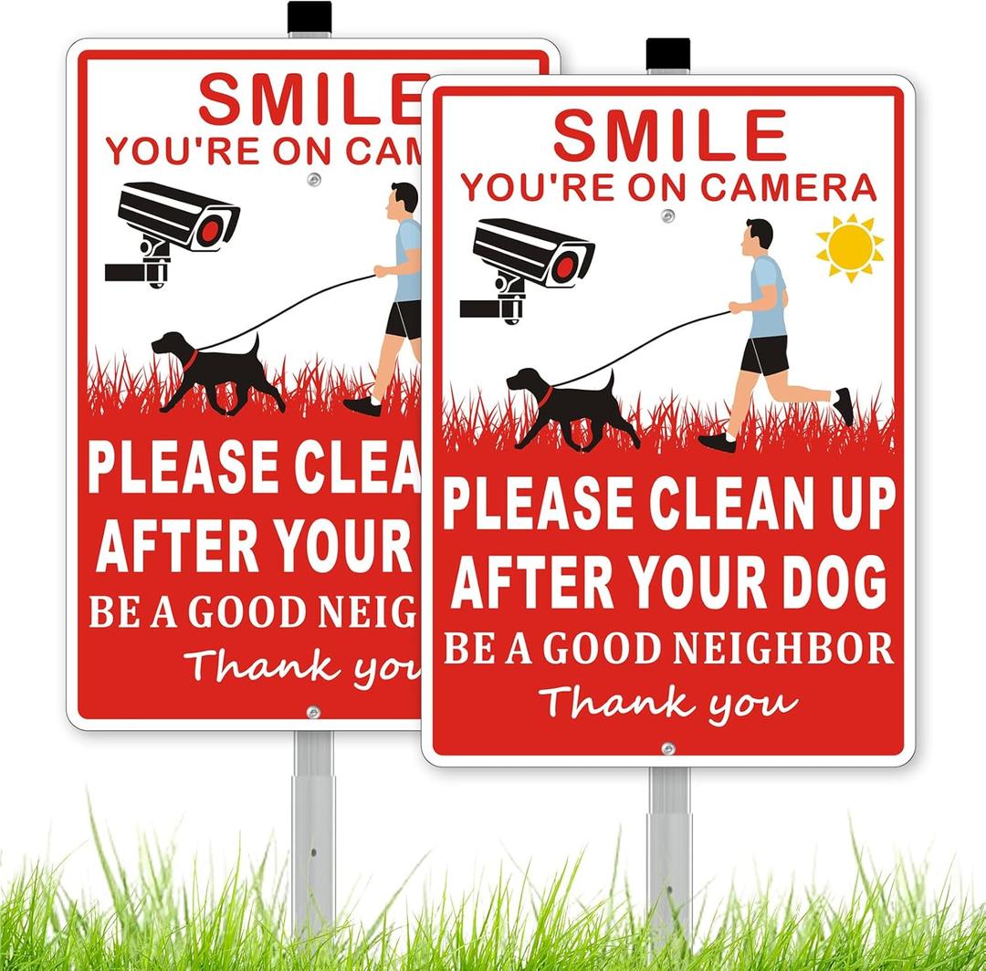 (2 Pack) Clean Up After Your Dog Signs, Please Pick Up After Your Dog Sign for Yard, No Pooping Dogs Signage for Yards, 8x28 Heavy Duty Aluminum Weather Resistant and Easy to Install with Stake (Red)