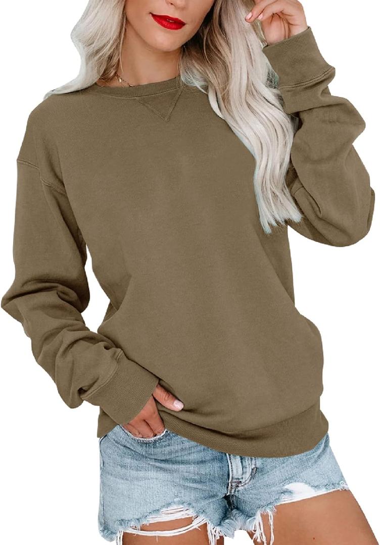 Bingerlily Womens Casual Long Sleeve Sweatshirt Crew Neck Cute Pullover Relaxed Fit Tops (Small, Brown)