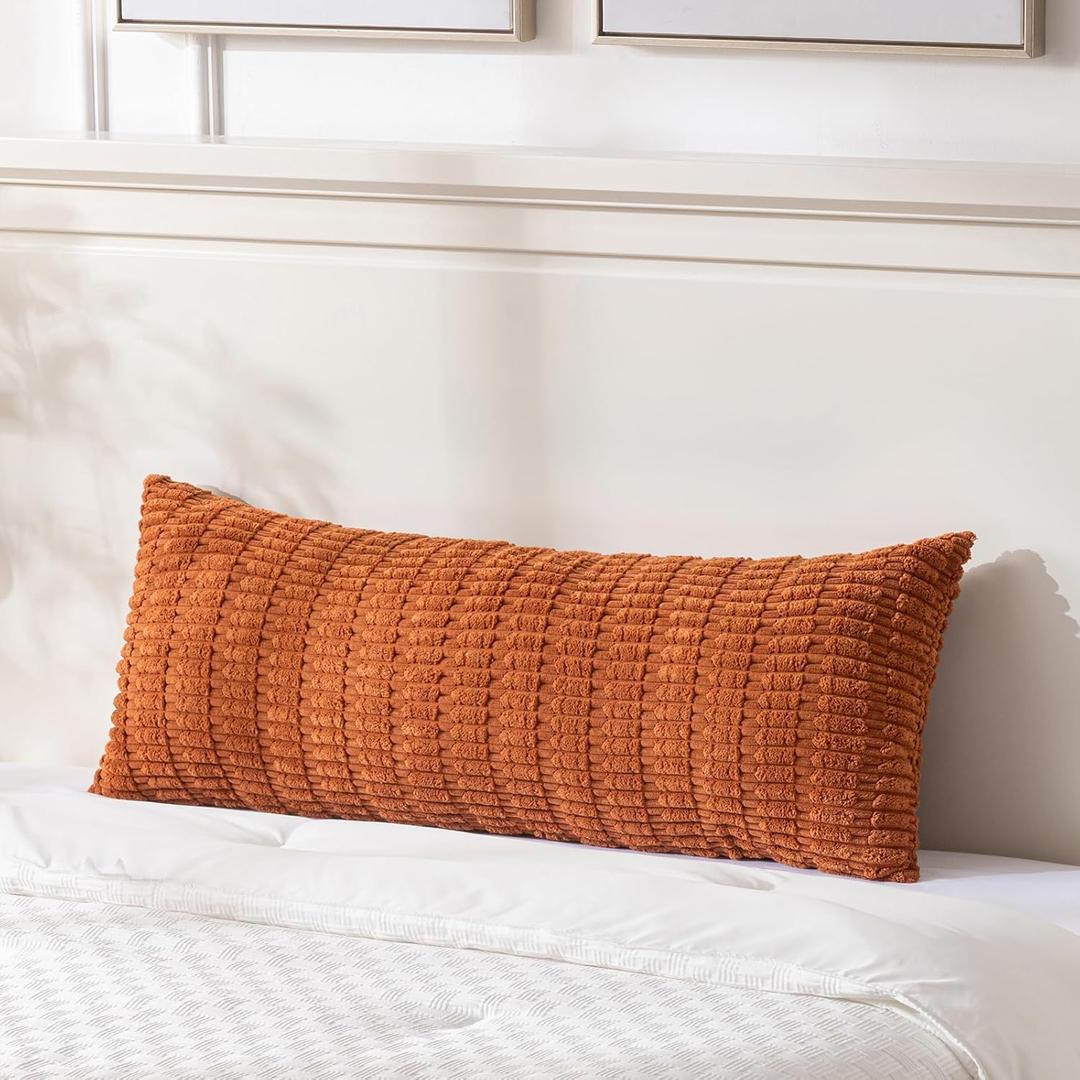 Rust Long Long Body Lumbar Decorative Throw Pillow Covers 14x36 Inch for Bed Couch Bedroom Bench, Soft Corduroy Rectangle Solid Pillow Case, Terracotta Rustic Farmhouse Boho Room Decor