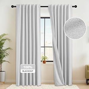 RYB HOME 100% Blackout Flax Linen Curtains 84 inch Length 2 Panels, Window Treatment Panels for Privacy Living Room & Bedroom Décor, Set of 2, W52 x L84, Greyish White
