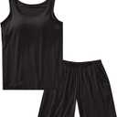 ASHER FASHION Pajamas for Women Two Piece Modal Loungewear Casual Tank Top & Shorts Sleepwear PJ Set with Built-in Bra (Large, Black)