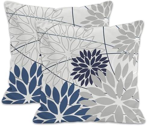 JSKLKGHN Floral Throw Pillow Covers Set of 2, 20x20 Inch Gray and Blue Flower Indoor Decorative Pillow Cases for Couch Bed Sofa Cushion Home