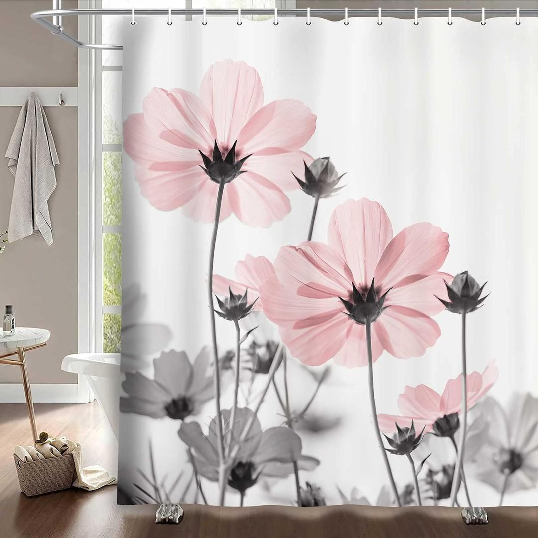 MERCHR Unique Floral Pink Shower Curtain for Bathroom Decor, Pink and Grey Daisy Flower Elegant Wildflower Design Farmhouse Shower Curtains with Hooks Set, 71 X 71 Inches