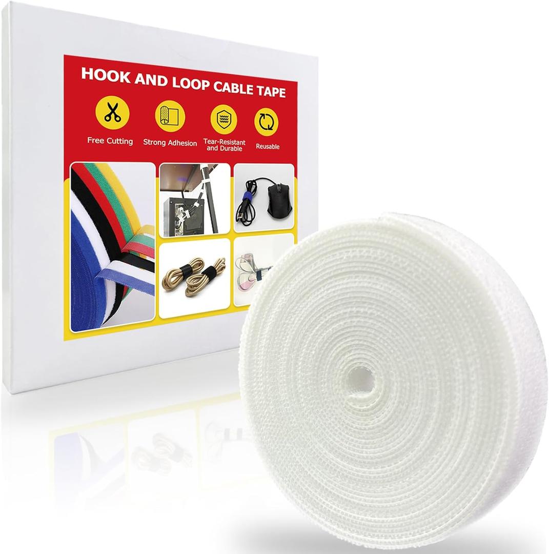 Hook and Loop Tape Roll, 1/2 in 50 FT Reusable Cable Ties, Cut to Length, Double Sided, Self-Gripping Straps, Cord Ties for Office, Home Cable Management (White)