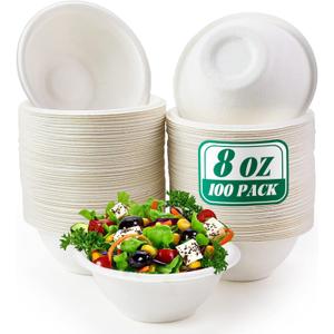 Oomcu 100 Pack 8oz Heavy Duty Disposable Paper Bowls Bulk  Compostable, Eco-Friendly Bowls for Hot Soup, Ice Cream, Party,Salad,Snacks,Dessert,Picnics & Food Service (White)