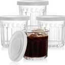 Glass Cups with Lids Set of 4,13.5oz Thick Drinking Glasses, Heavy Duty Glass Tumblers, Stackable Food Storage Jars, Clear Picardie Style Glassware