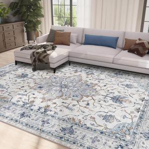 Area Rugs 8'x10' Washable Non-Slip, Floral Vintage Distress Print Pattern Medallion Carpet for Living Room Bedroom Dining Room, Blue Navy Beige Gray (8x10, Blue/Gray)