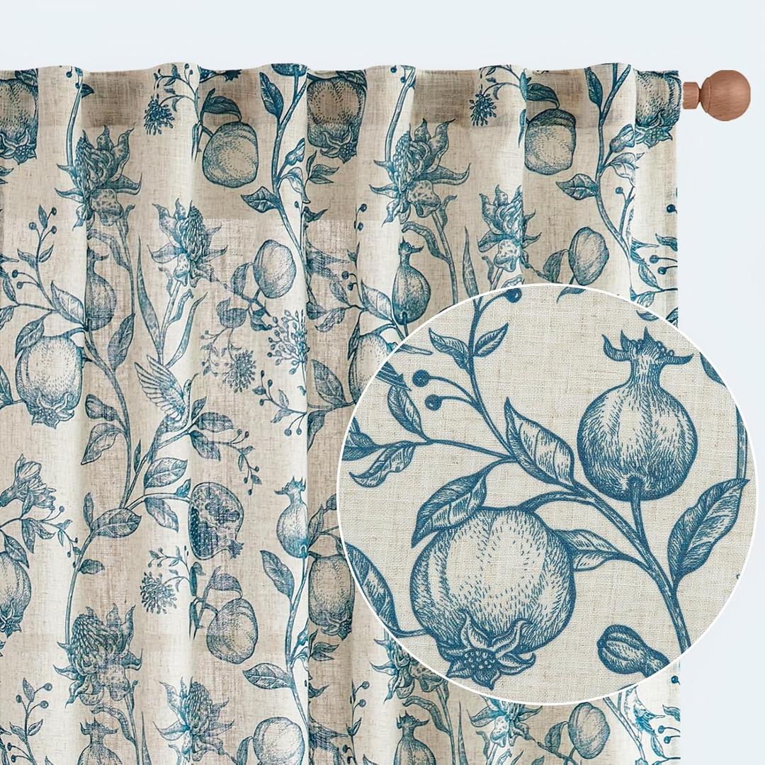 jinchan Linen Curtains Floral Curtain for Living Room 84 Inch Long Blue French Rod Pocket Light Filtering Toile Print Farmhouse Bedroom Curtains Window Drapes Set 2 Panels
