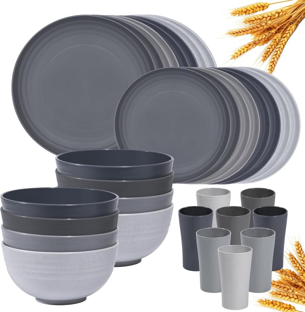 Klickpick Home 32 Pieces wheatstraw Dinnerware Set with 8 Each of Dinner Plates Desert Plates Cereal Salad Bowls Cups Unbreakable Modern Dinner Set for Microwave Dishwasher Safe Reusable Grey stone