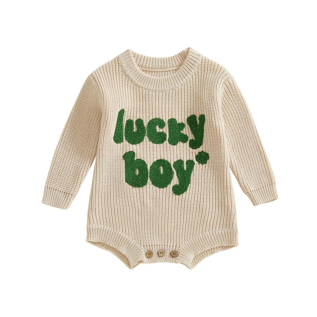 Nibbcoa Newborn Baby Boy St Patricks Day Outfit Lucky Boy Embroidery Knit Sweater Romper Long Sleeve Knitted Bodysuit (S-Apricot, 3-6 Months)
