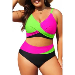 Tempt Me Plus Size Two Piece Swimsuit - Women High Waisted Bikini Set Tummy Control Bathing Suits (Green Pink Black)