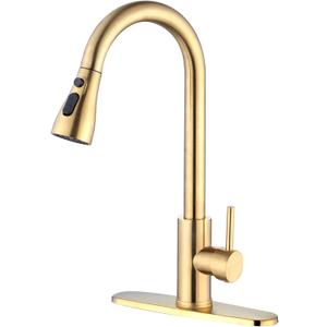 Brushed Gold Kitchen Faucet with Pull Down Sprayer, High Arc Single Hole Stainless Steel Kitchen Sink Faucet with 3-Function Sprayer, for Farmhouse Camper Laundry Rv Bar, CL001-SG