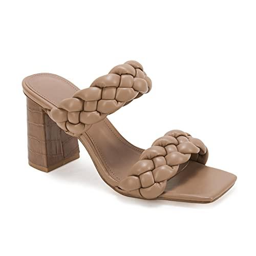 Syktkmx Women's Braided Heeled Sandals Backless Square Open Toe Block Slide Sandals, Light Brown, Size 7,5