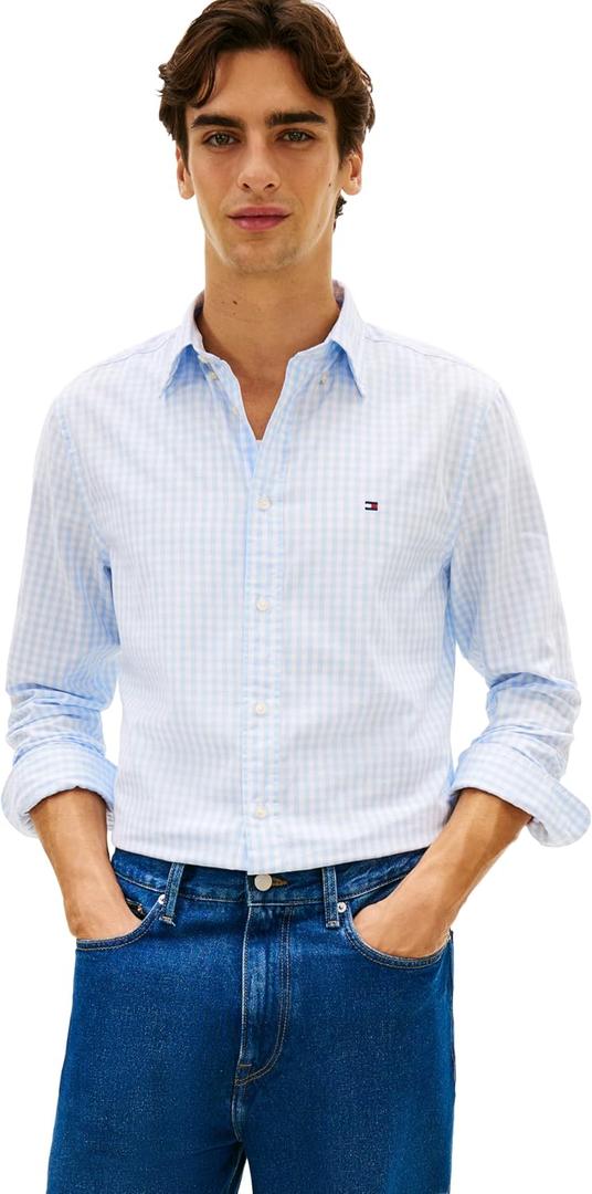 Tommy Hilfiger Men's Long Sleeve Poplin Shirts in Regular Fit, Men's Button Down Shirts,(Blue, L)