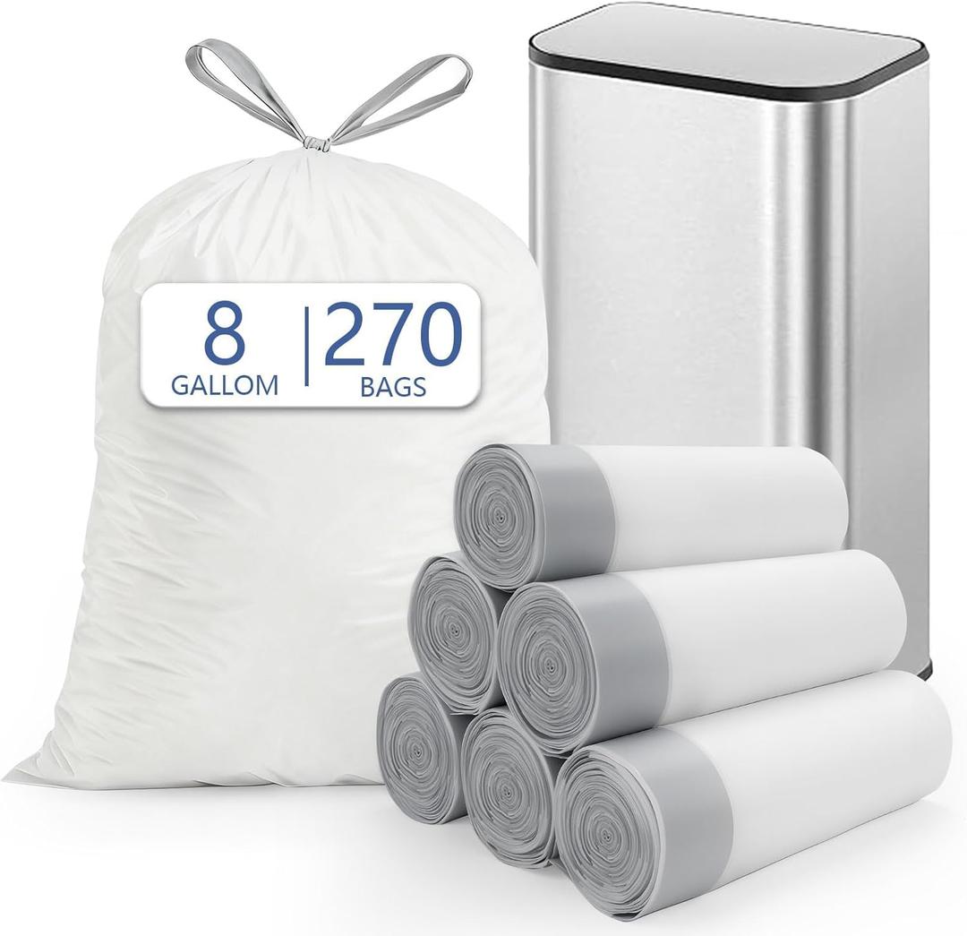 8 Gallon (30L) Trash Bags, Fits SONGMICS 8 Gallon Trash Cans, 6 Rolls 270 Counts Heavy Duty White Garbage Bags, PreSeparated Drawstring Trash Bags, Suitable for Kitchen, Bathroom, etc.