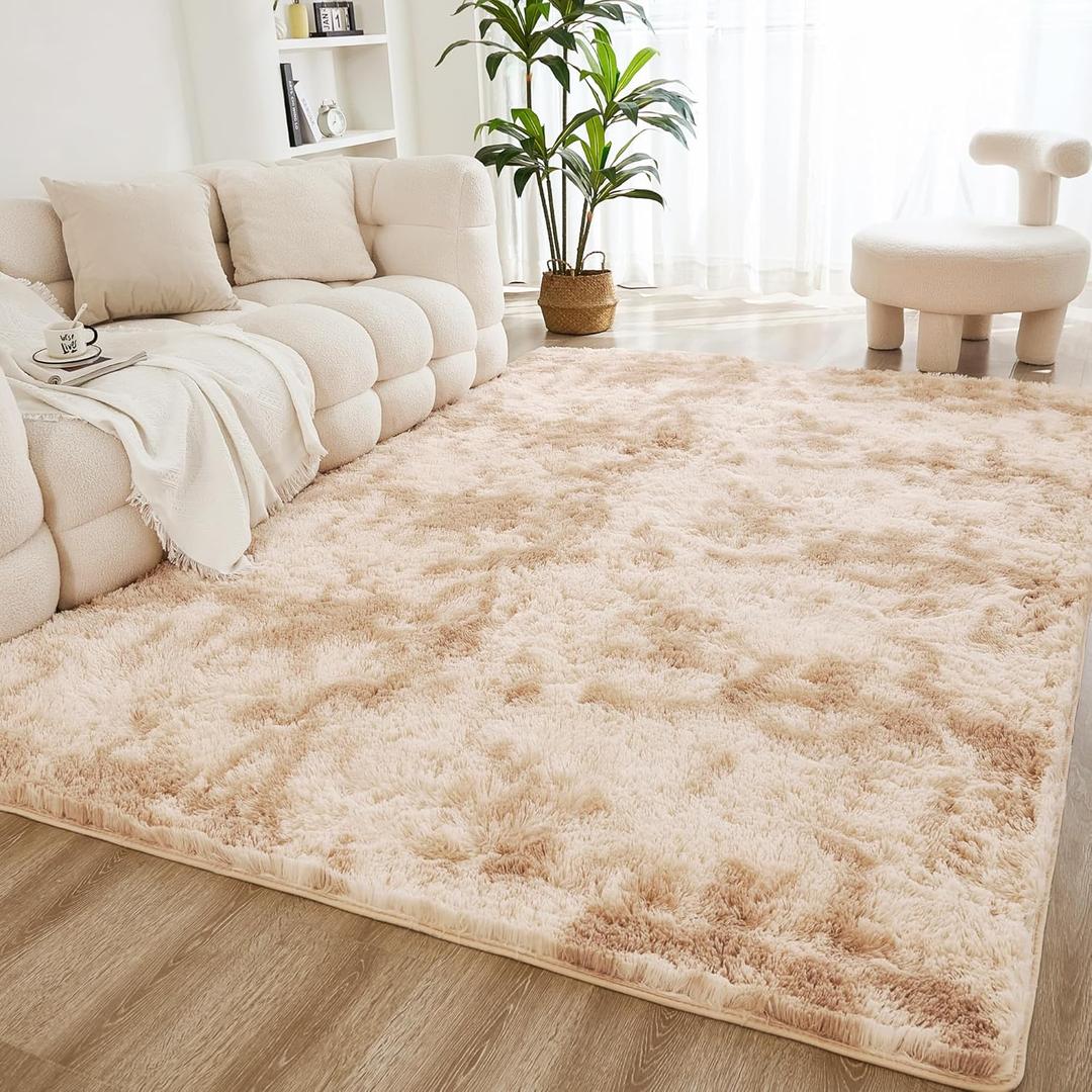Litanika 8x10 Shag Area Rug for Living Room Bedroom, Tie-Dyed Beige High Pile Soft Plush Shaggy Furry Cream Bedside Playroom Dorm Carpet, Non-Slip, Non-Shedding Modern Indoor Floor Rug