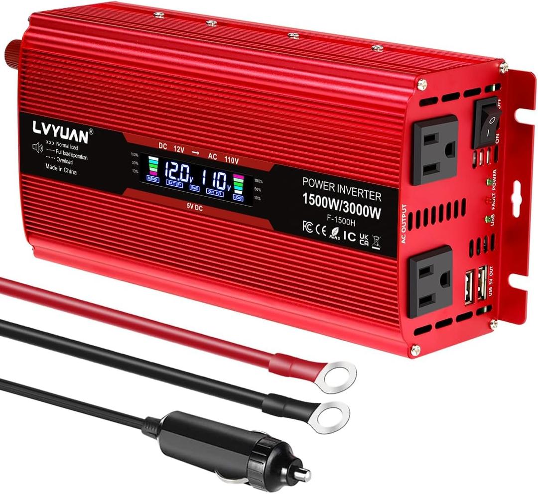 LVYUAN 1500W Car Power Inverter 12V to 110V DC to AC with 2 US Sockets, Cigarette Lighter, LCD Display, USB Ports for Car, Home, Truck, Outdoor, Camping (Red)