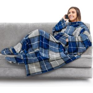PAVILIA Fleece Blanket with Sleeves, Foot Pockets for Women Men Adults, Plush Wearable Blanket Throw Wrap, Warm Snuggle Blanket Robe, Cozy Gift Ideas Wife Mom, Plaid Navy Blue