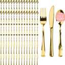 Prestee 120 Cutlery Set - Gold Plastic Silverware Set of 40 Forks, 40 Spoons, 40 Knives - Heavy Duty Plastic Utensils and Disposable Flatware - Elegant Knives Spoons and Forks Set for Events