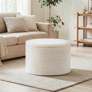 22" Round Storage Ottoman,Boucle Sherpa Ottoman with Tray, Faux Teddy Foot Rest Coffee Table for Bedroom Dorm Living Room,White