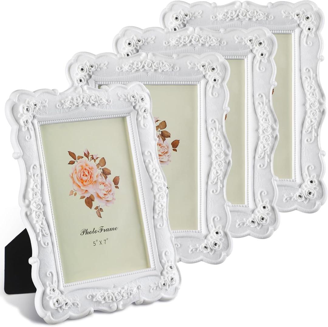 Amyhill 4 Pcs White Vintage Picture Frame Rose Flower Design Antique Photo Frames with Glass for Wedding Home Living Room Tabletop Wall Display, Horizontally or Vertically Use (White,5 x 7)