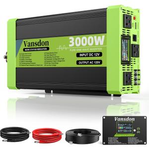 Vansdon 3000W Pure Sine Wave Inverter 12V DC to 120V AC Power Inverters for RV,Truck, Solar, Home, Off-Grid, Car with LCD Display, 3 AC Outlet, 30W USB-C, 5V 2.1A USB,Remote Control, Surge 6000W