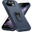 for Google Pixel 9a Case with Screen Protector+ Camera Lens Protector, Heavy Duty Shockproof Full Body Protective Cover Built in Rotatable Metal Ring Holder Kickstand,2025 Navy Blue