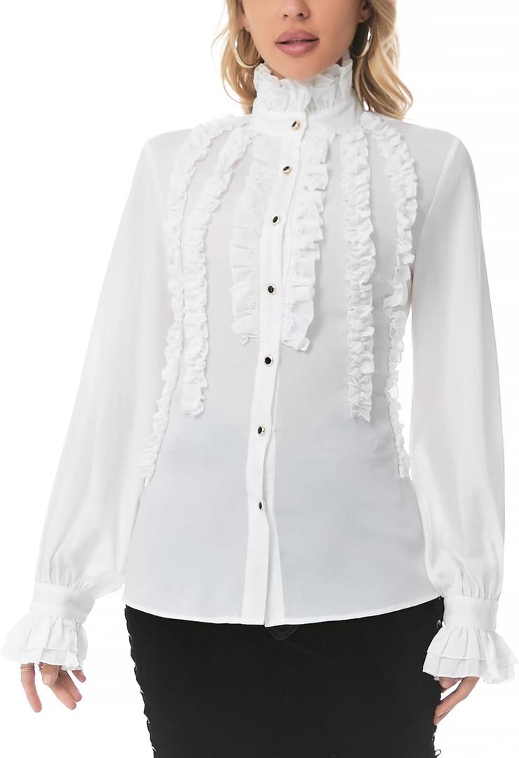Womens Gothic Victorian High Neck Long Sleeve Ruffle Blouse Steampunk Lolita Costume Tea Party & Halloween Black/White (X-Large)