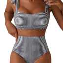 Herseas Women's Black Striped 2 Piece Bikini Sets Adjustable Tie Shoulder Push Up Swim Suits 2026 Summer High Waisted Ladies Bathing Suit Casual Resort Outfits Small