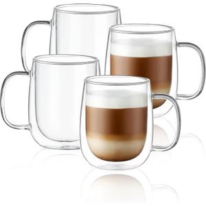 CNGLASS Glass Coffee Mugs 12oz,Double Wall Insulated Mug Set with Handle,Clear Glass Espresso Mugs for Latte,Cappuccino,Tea Bag,Hot and Cold Beverages, Set of 4