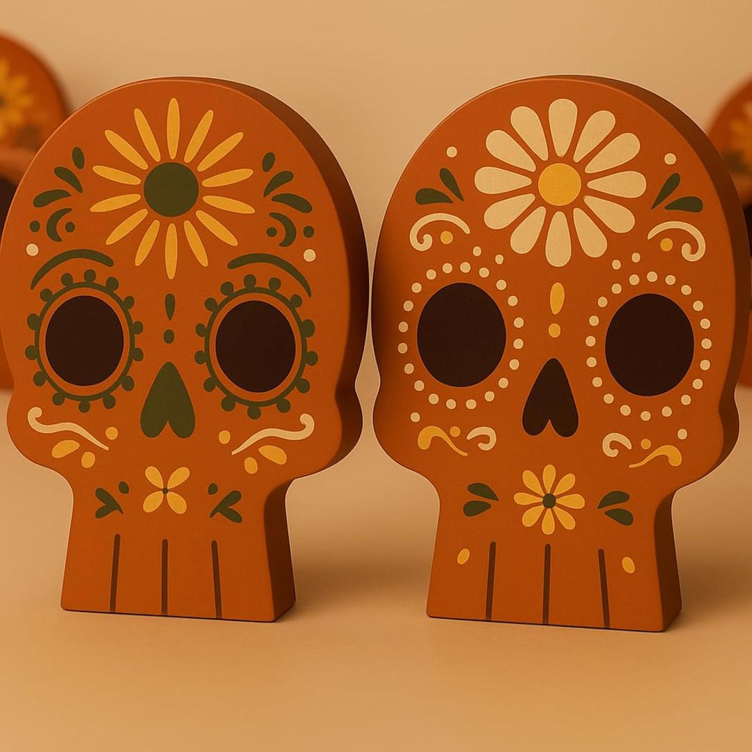 Thyle 2 Pieces Day of The Dead Sugar Skull Table Decorations Mexican Dia De Los Muertos Wooden Sugar Skull Signs Halloween Centerpiece for Table Party Home Altar