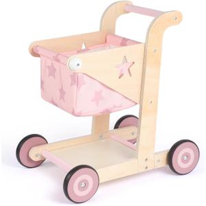 Asweets 2 in 1 Wooden Baby Walker Push and Pull Doll Stroller, Shopping Cart Learning Walker for Boys and Girls, Sit Stand Learning Toddler Toy (Pink)