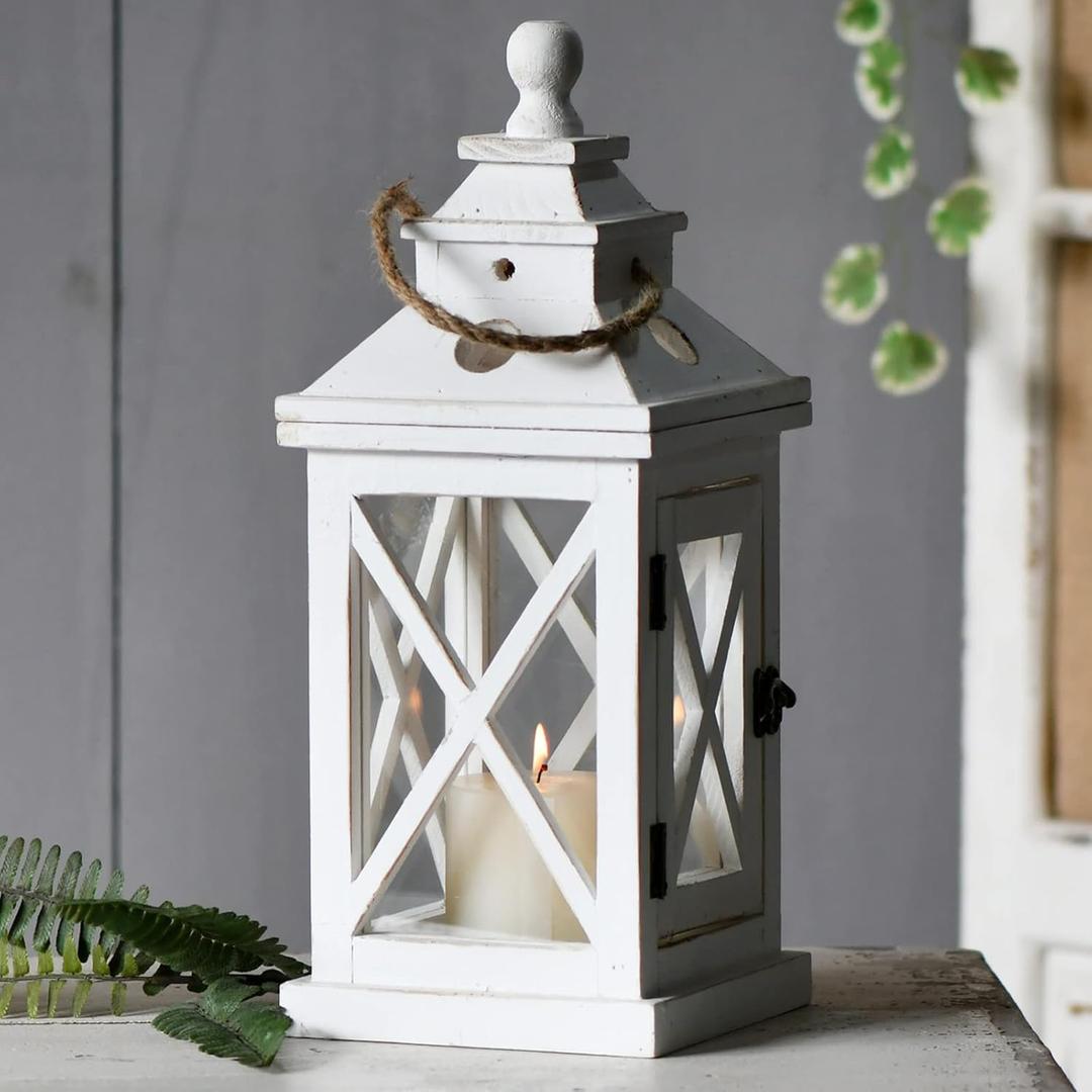 Solid Wood White Lanterns Decorative 16", Farmhouse Hanging Hurricane Lantern Outdoor Wedding Pillar Candle Holder with Windproof and Waterproof Glass for Fireplace Mantle Decor