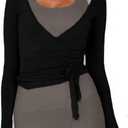 Women Ballet Wrap Top Long Sleeve Self Tie Dance Shirt Pilates Yoga Tops Y2k Workout Active Blouses (Small, Black)