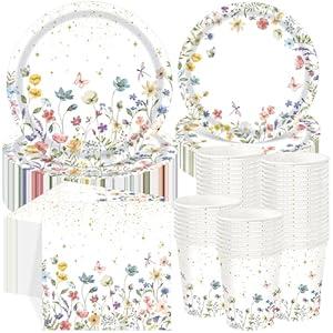 Ziliny 250 Pcs Wildflower Party Decorations Include Spring Summer Floral Paper Plates Napkins and Cups for Wildflower Baby Shower Tea Decorations, Serve 50 Guest (Colorful, Floral Style)